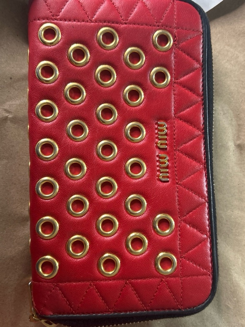 Miu Miu Red Quilted Leather Zip Card Holder with Gold Eyelets